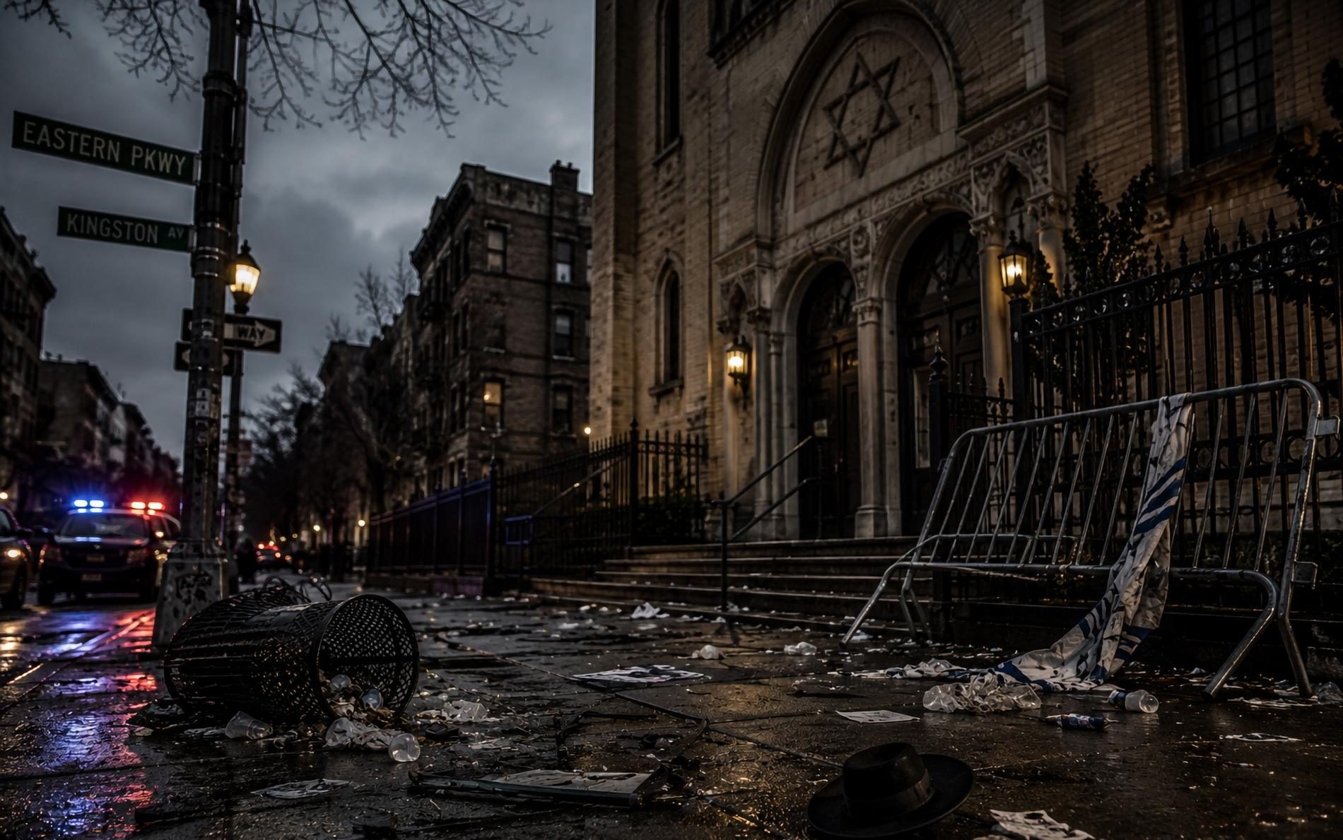 A vandalized synagogue entrance at night